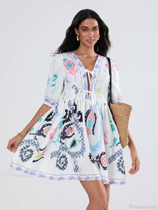 Puff Sleeve Tie-up A-Line Mini Floral Dress WHITE1 / S floraldress-250126