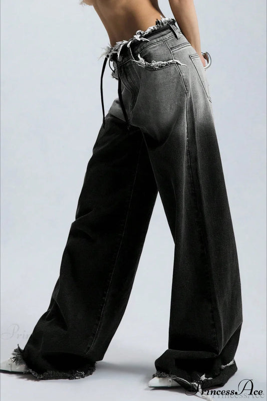 Retro Frayed Waist Ombre Straight Wide Leg Jeans