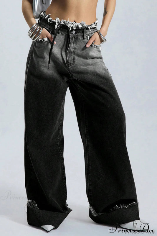 Retro Frayed Waist Ombre Straight Wide Leg Jeans Black / S