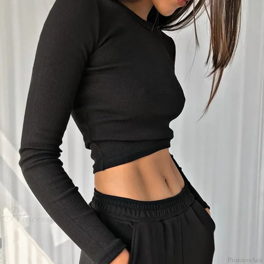 Ribbed Sexy Cropped Slim Fit Long Sleeve Knit Top knittop-250126