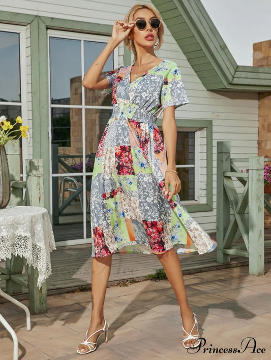 Robe V-Neck Long Coastal Short-Sleeved Casual A-Line - Retro Gown Green S / Pink Dresses