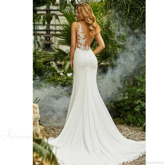 Round Neck Lace Mermaid Bridal Wedding Dress lvory white / 2 weddingdress-250223