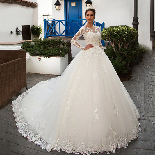 Round Neck Long Sleeve Lace Wedding Dress White / 2 weddingdress-250223