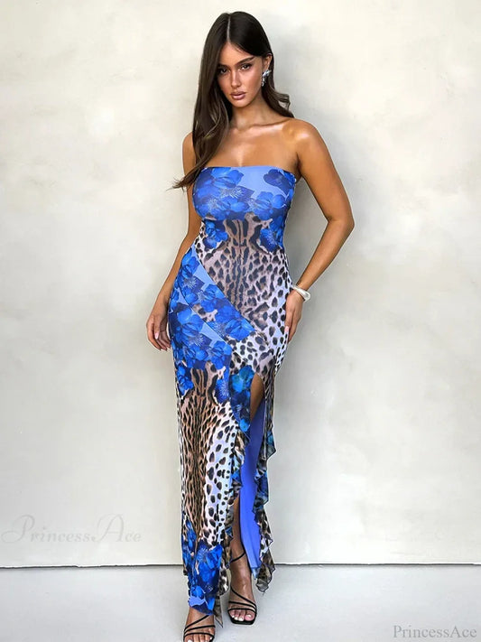 Ruffles Leopard Slim Bodycon Vacation Dress Blue / S vacationdress-250223