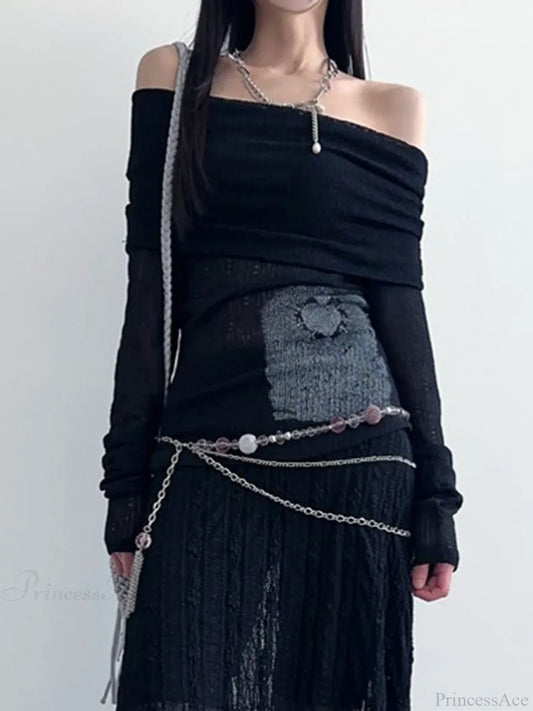 See-Through Printed Slash Neck Long Sleeve Knit Top Black / S knittop-250126