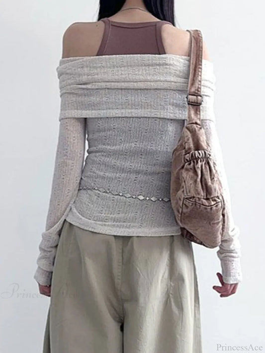 See-Through Printed Slash Neck Long Sleeve Knit Top knittop-250126