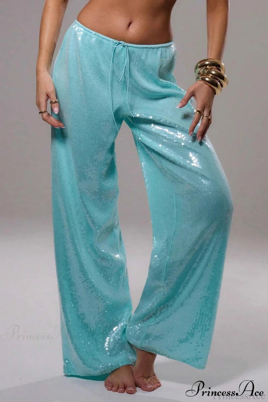Sequin Loose Wide-Leg Casual Pants Green / S