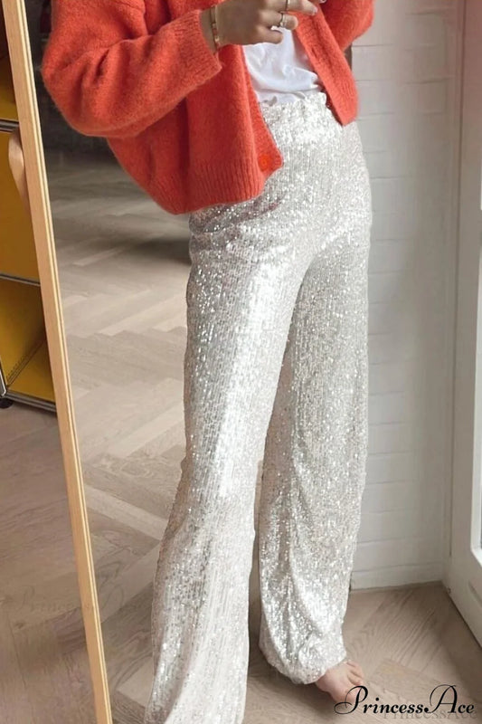 Sequin Slim-Fit Straight Casual Pants Silver / S