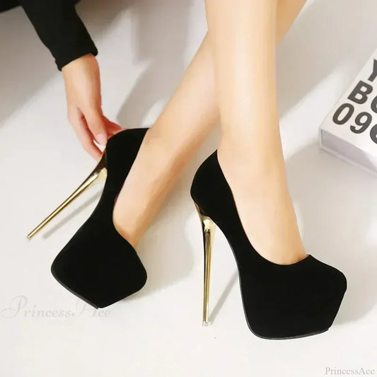 Sexy Club Suede Black High Heels 16Cm Stiletto Waterproof Stripper Flock Pumps Ladies Shoes Plus