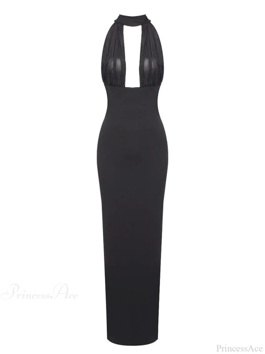 Sexy Halter Backless Mesh Patchwork Black Sleeveless Bodycon Christmas Party Dress / Xs Dresses-L