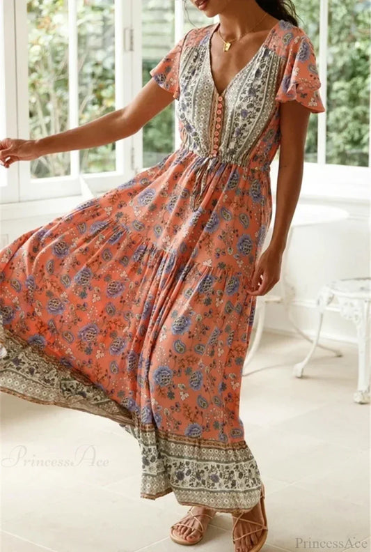 Sexy High Split Flare Sleeve Rayon Cotton Boho Dress bohodress-250126