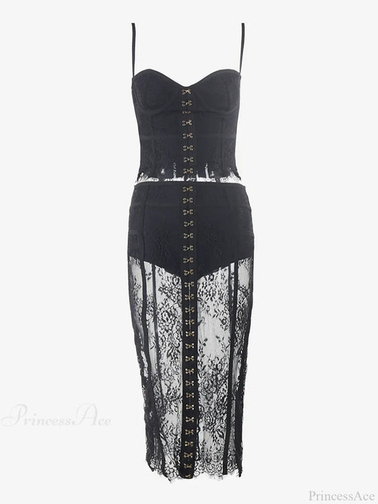 Sexy Lace Two-Piece Black Sleeveless Hook-Front See Through Evening Christmas Party Dress / S