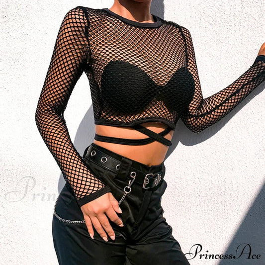 Sexy Lace-Up Fishing Net Short Black Hollow Out Stylish Elegant Trendy Chic Crop Top S