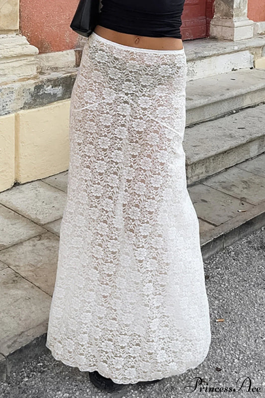Sexy Sheer Floral Jacquard Long Skirt White / S