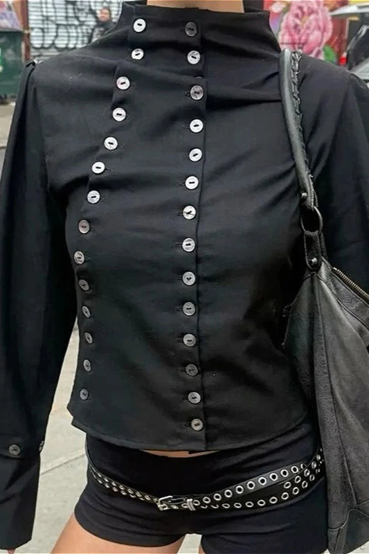 Sexy Solid Button Slim Round Neck Long Sleeve Blouse