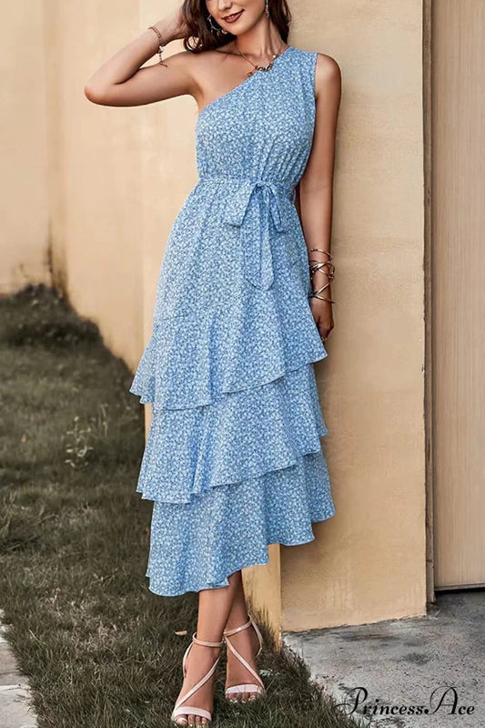 Shoulder One With Trim Gown Green Ruffle Print S / Red One Shoulder Print Maxi Dress