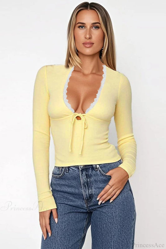 Simple Button Detail Long Sleeve Tee Yellow / S