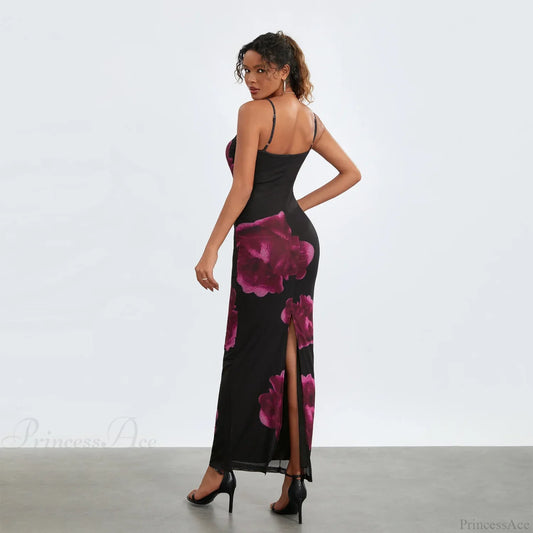 Sleeveless Spaghetti Strap Floral Split Back Hem Dress floraldress-250126