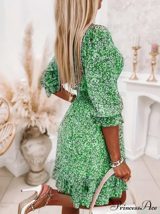 Sleeves With Gown Green And Puff Flowered Bohemian Print S / Green V Neck Summer Dress