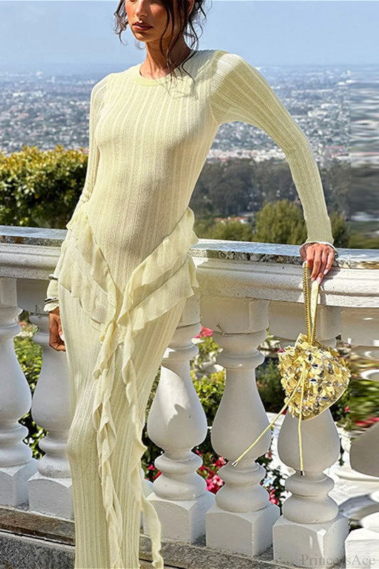 Slim Ruffled Hem Elegant Maxi Dress Yellow / S