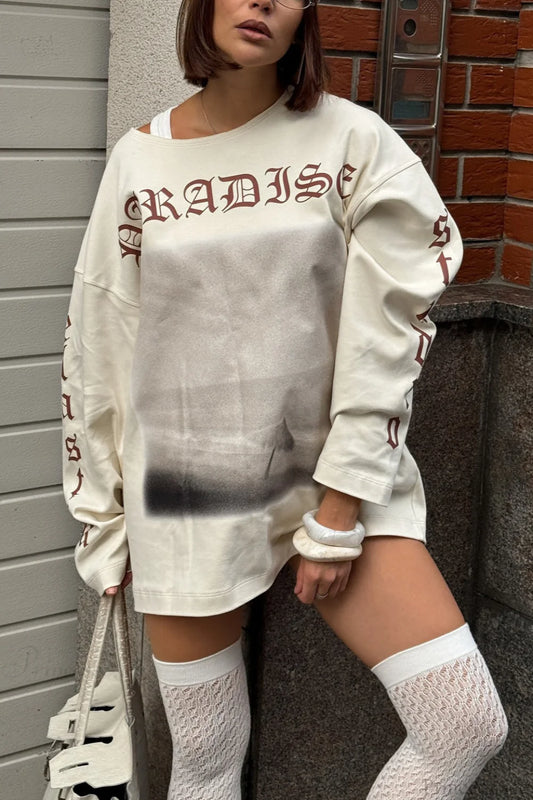 Slouchy Vintage Distressed Print Casual Sweatshirt Beige / S