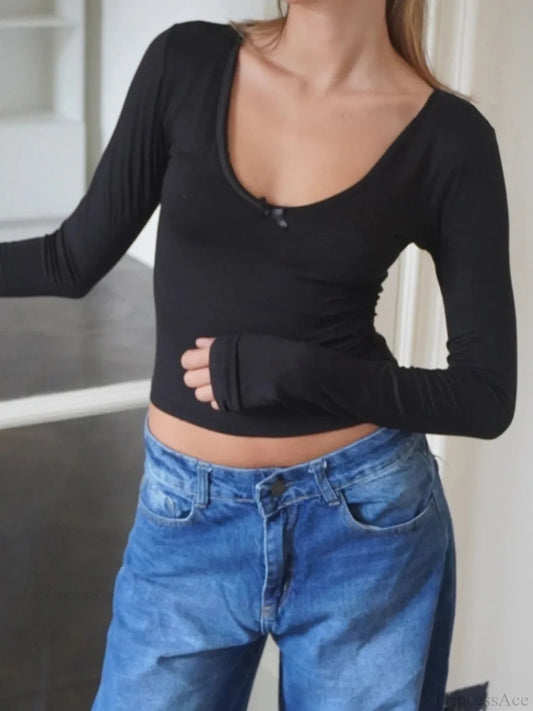 Solid Bow Basic Slim O-Neck Long Sleeve Knit Top Black / S knittop-250126