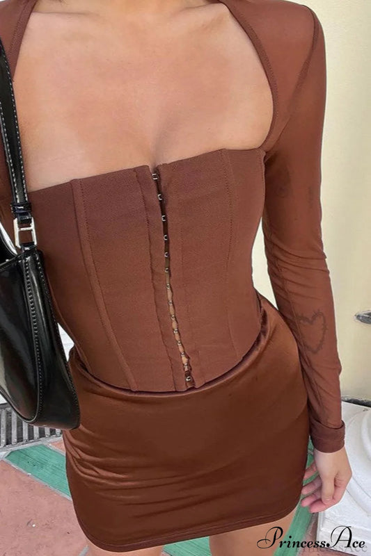 Solid Cardigan Hook Waist Tulle Long Sleeve Crop Top