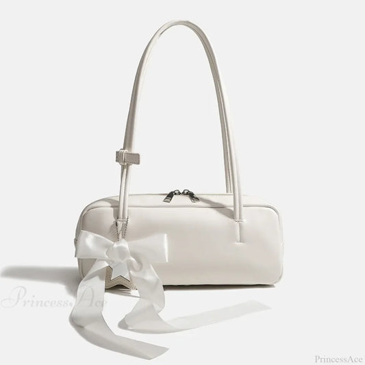 Solid Color Zipper Shoulder Bag for Women White with bow shoulder-250126