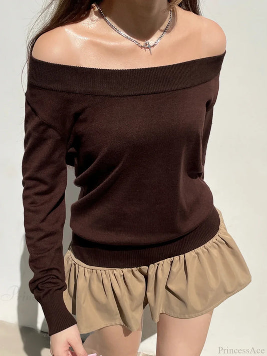 Solid Knitted Slash Neck Long Sleeve Pullover Sweater knittop-250126