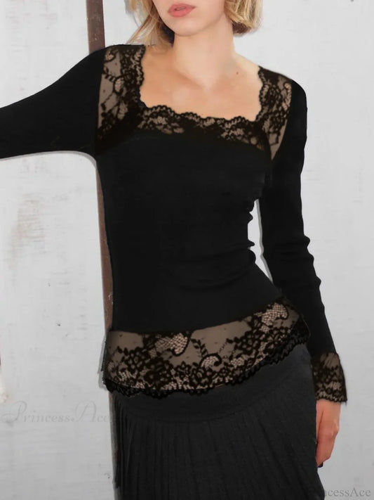 Solid Lace Trim Slim Square Collar Long Sleeve Knit Top knittop-250126