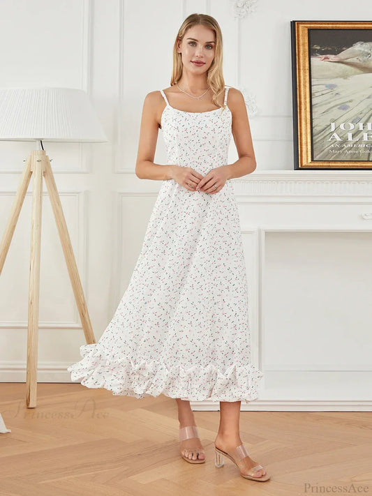 Spaghetti Strap Ruffled Long Sweet Sling Bubble Hem A-line Floral Dress floraldress-250126