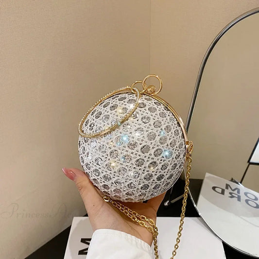 Sparkly Round Shiny Diamond Evening Shoulder Clutch Bag White clutchbag-250126