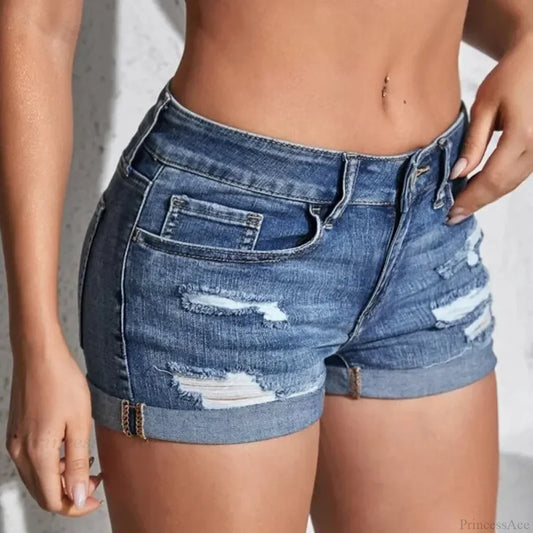 Split Denim Curled Cuff Short Blue / S short-250223