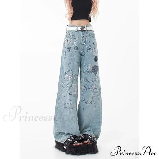 Spring And Autumn New Small Market Design Sense Personalized Print Graffiti Straight Women’s Jean