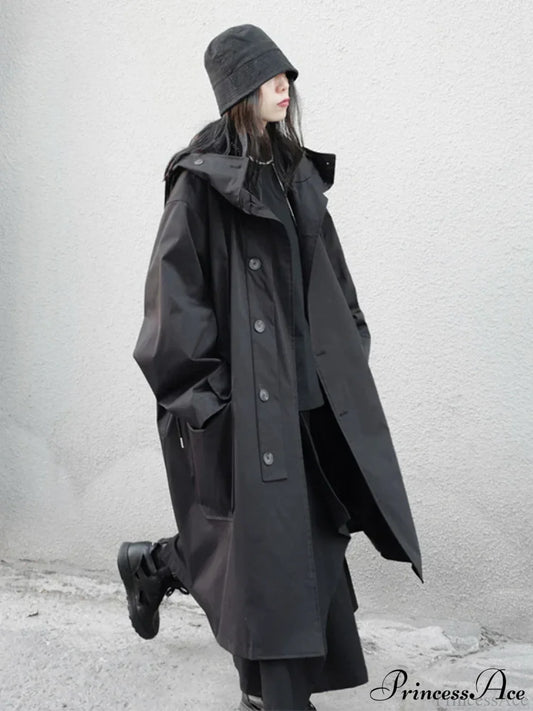 Spring Autumn Long Oversized Black Hood Dark Aesthetic Luxury Designer Stylish Coat Black / M