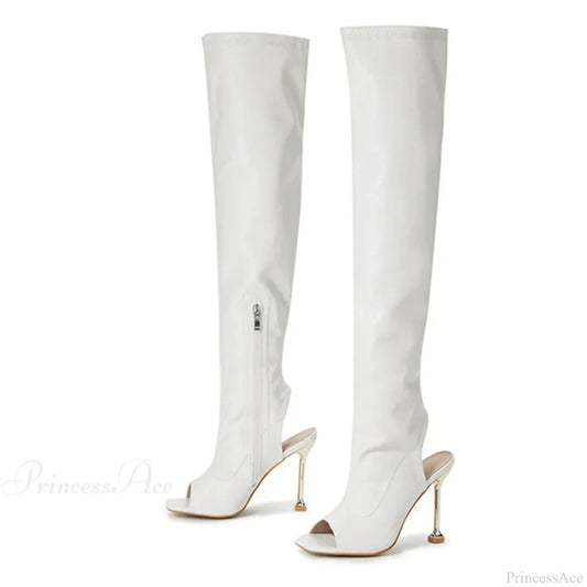 Spring Autumn Sexy Zip Metal Thin-Heels Open-Toe Leather Thigh-High Over-The-Knee Boots Stripper