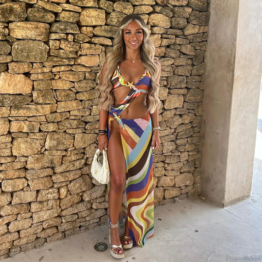 Stripe Starfish Brazilian Three Piece Swimsuit brown / S