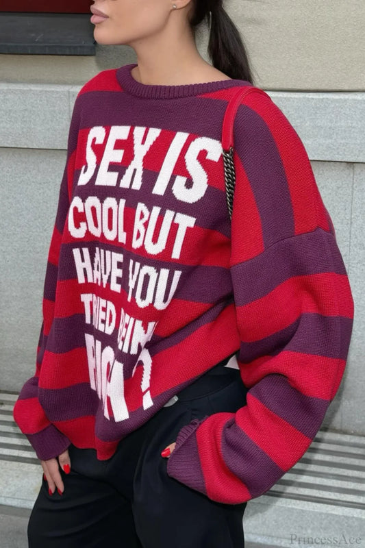 Striped Crew Neck Loose Knit Sweater Red / S