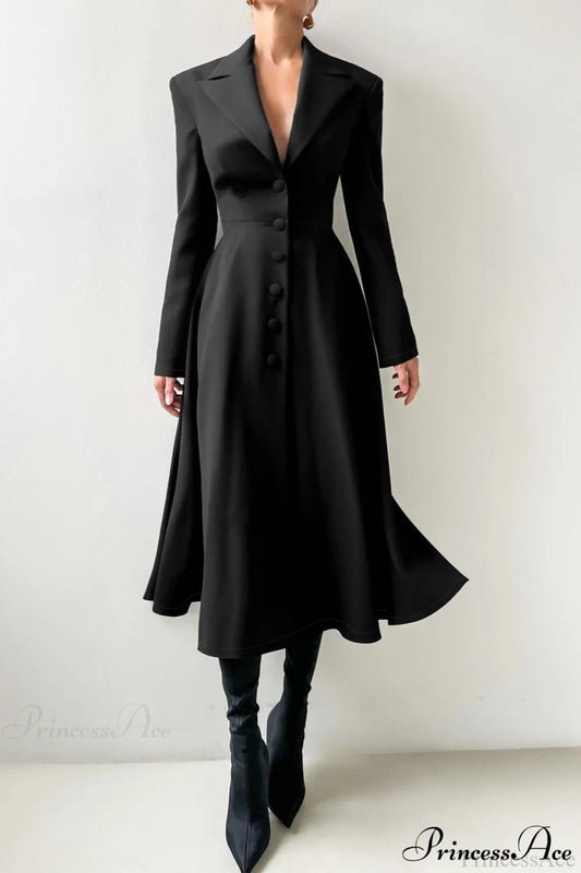 Structured Shoulder Solid Blazer Elegant Maxi Dress