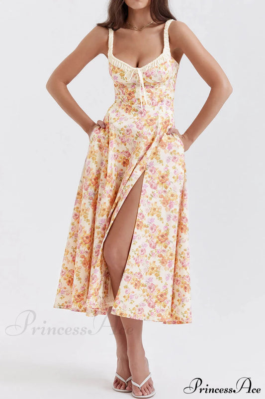 Suspender Patchwork Printed Charming Lace-Up Midi Dress Orange / S Dresses