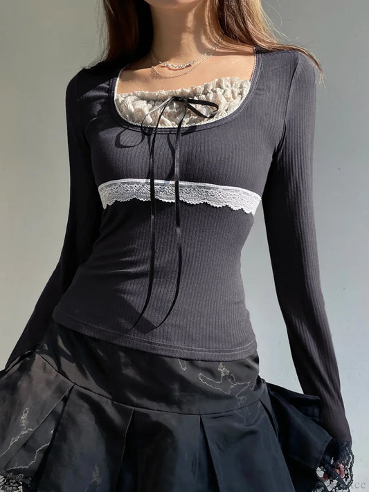 Sweet Patchwork Lace Trim Slim Bow O-Neck Knit Top Gray / S knittop-250126