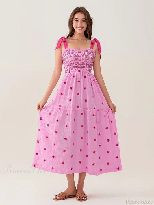 Tie-Shoulder Flowers Tank Tiered Ruffle Sweetheart Floral Dress Pink / S floraldress-250126