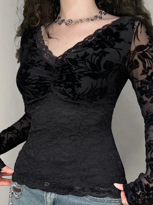 Transparent Lace V-neck Knitted Top Black / S