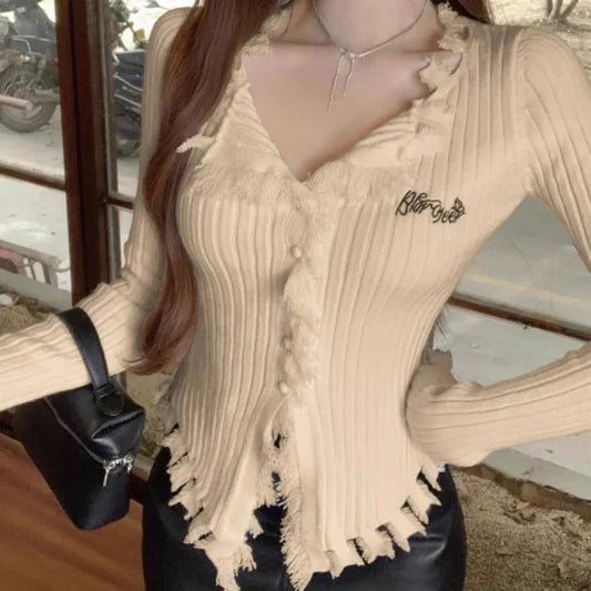 V-Neck Knit Sweater Pattern Tassel Irregular Hem Knit Top Ivory / One Size knittop-250126