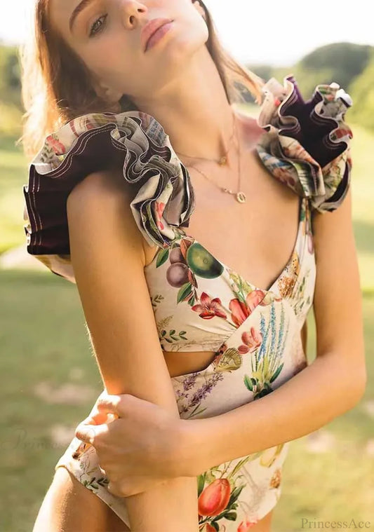 V-neck Ruffle Tie Dye Bandage Swimsuit One Piece onepiece-250223