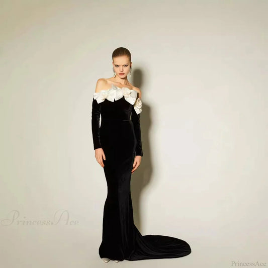 Velvet Bow Strapless Floor-Length Prom Dress black / XS promdress-250223
