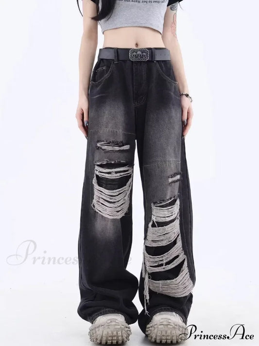 Vintage Distressed Washed Summer Loose Fitting Wide Leg Straight Tube Trendy Street Women’s Jean