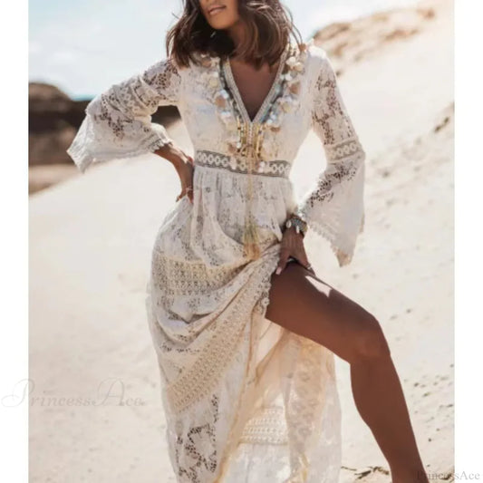 Vintage Embroidery Loose White Red Boho Dress Beige / S bohodress-250126