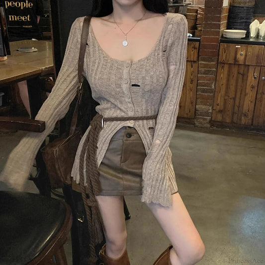 Vintage Knitted Spring Long Sleeve Button Closure Slim Knit Top Khaki / One Size knittop-250126