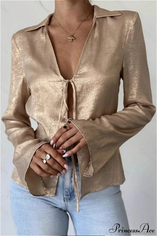 Vintage Long Sleeve V Neck Blouse Gold / S